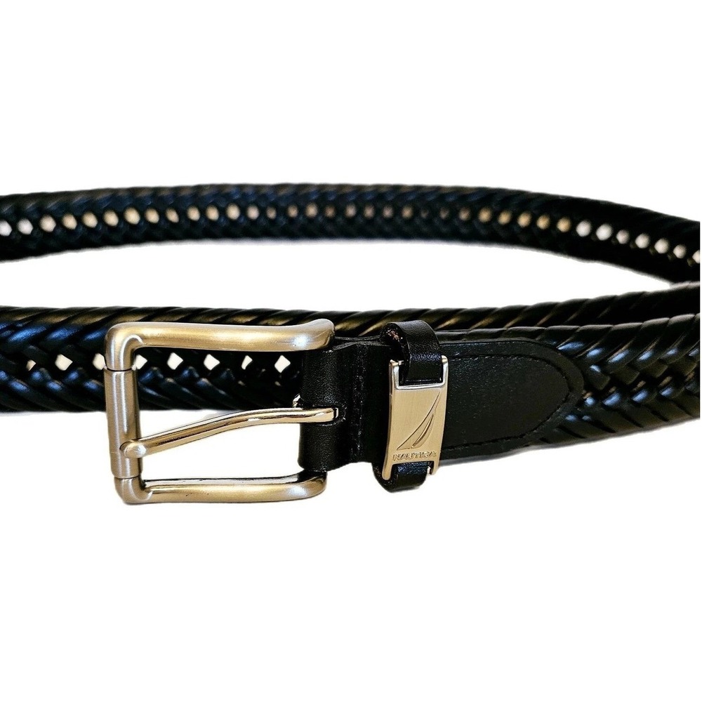 Nautica Braided Belt Black Woven Leather Brushed Silver Buckle Logo Size 38